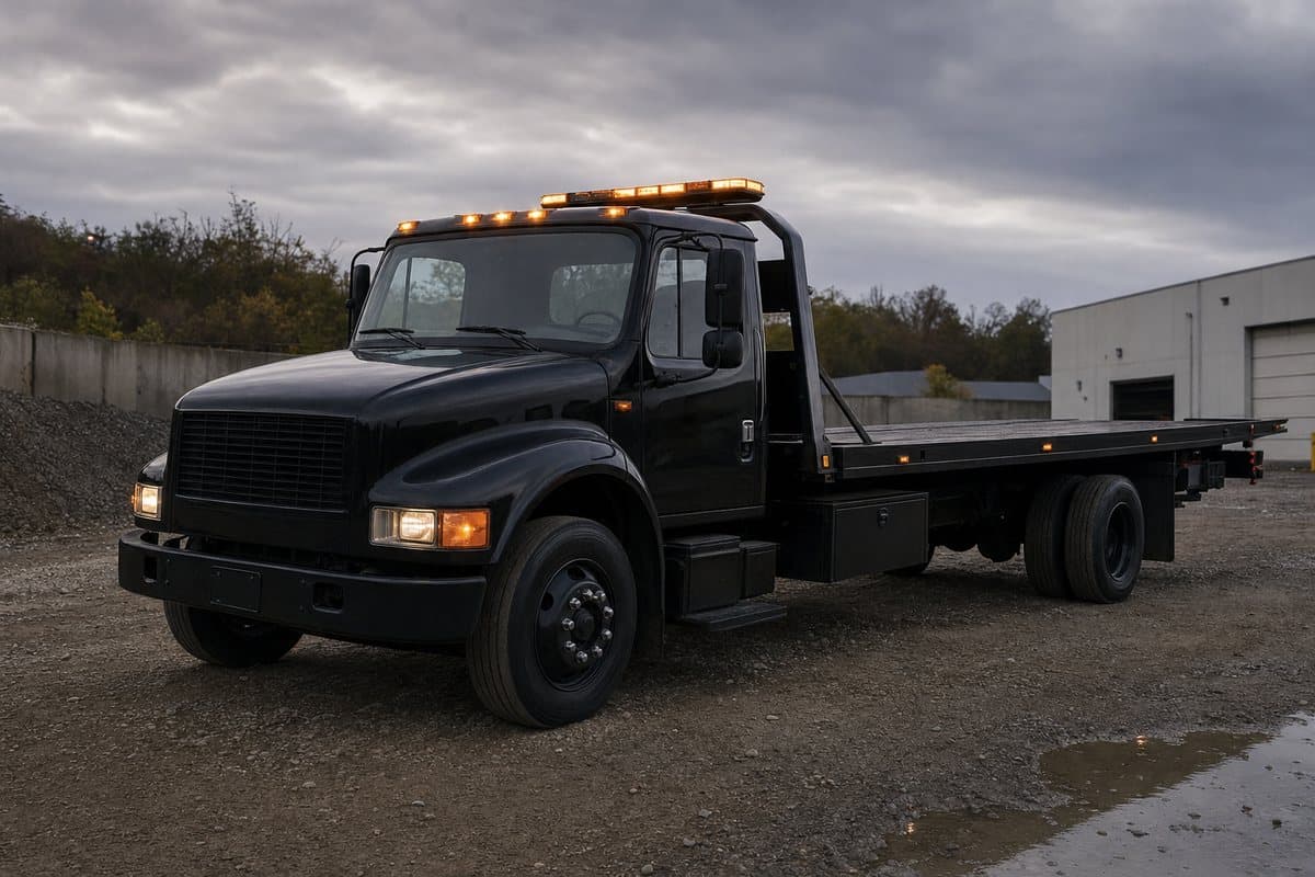 Black rollback flatbed tow truck in the yard at dusk