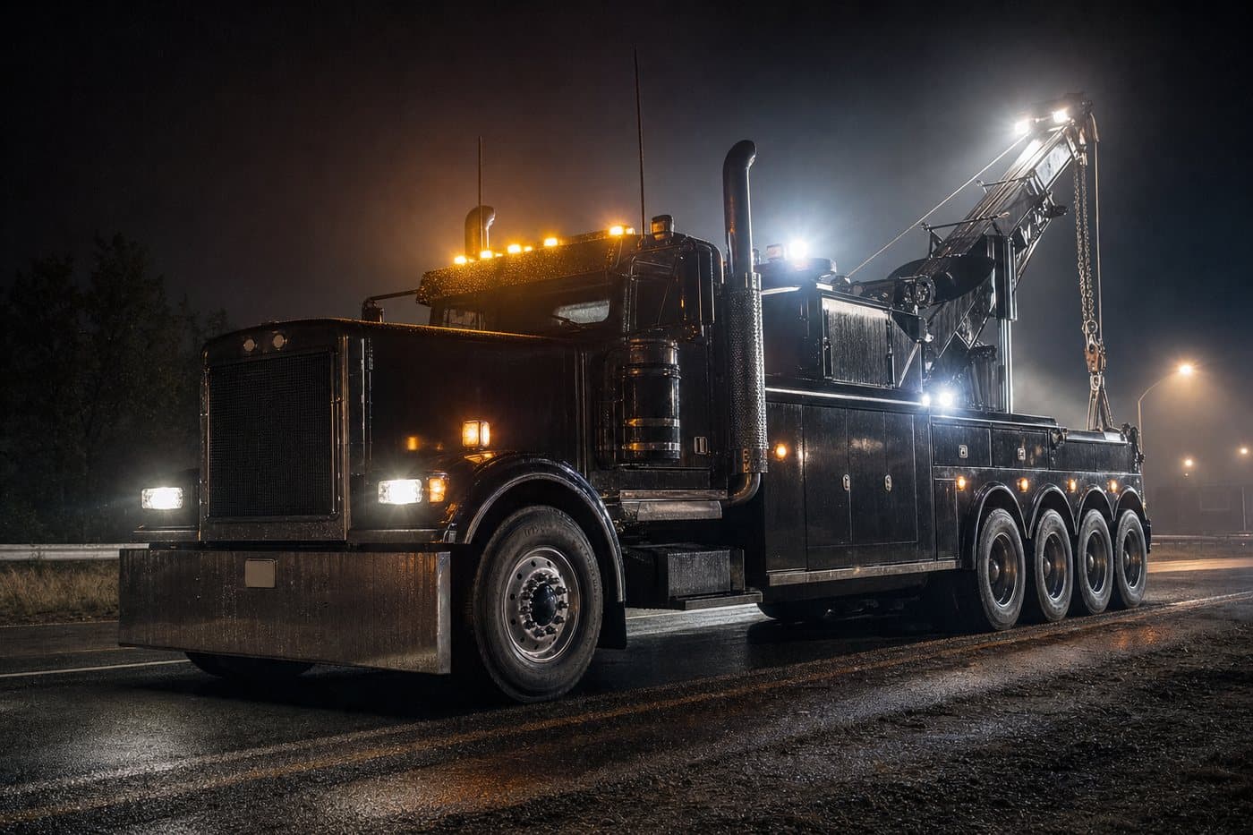 Heavy-duty rotator wrecker on the highway shoulder at night