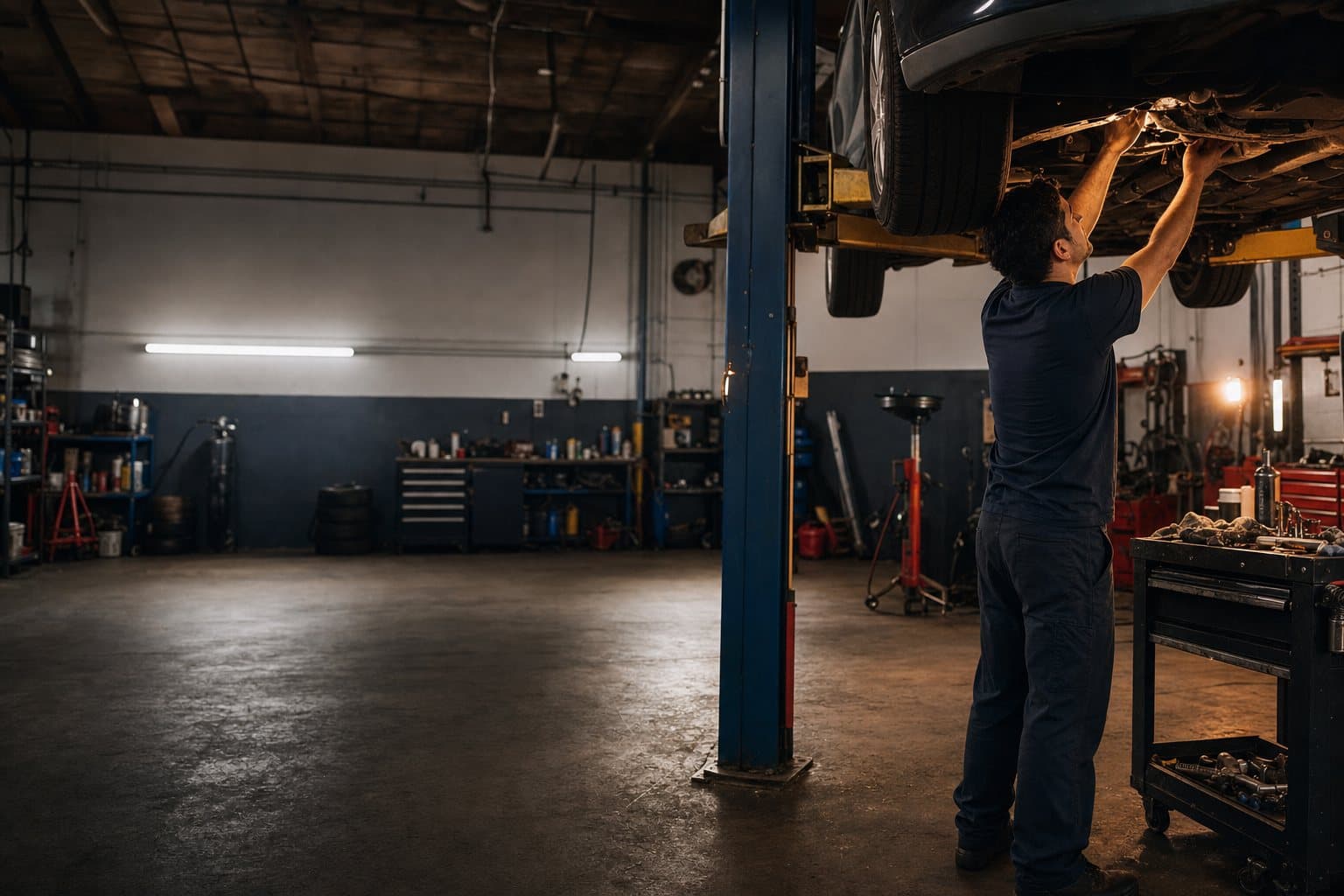 Mechanic working under a sedan raised on the lift at Express Auto Center