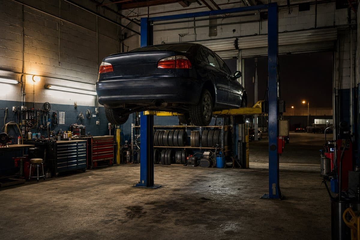 Sedan raised on a two-post lift inside the shop