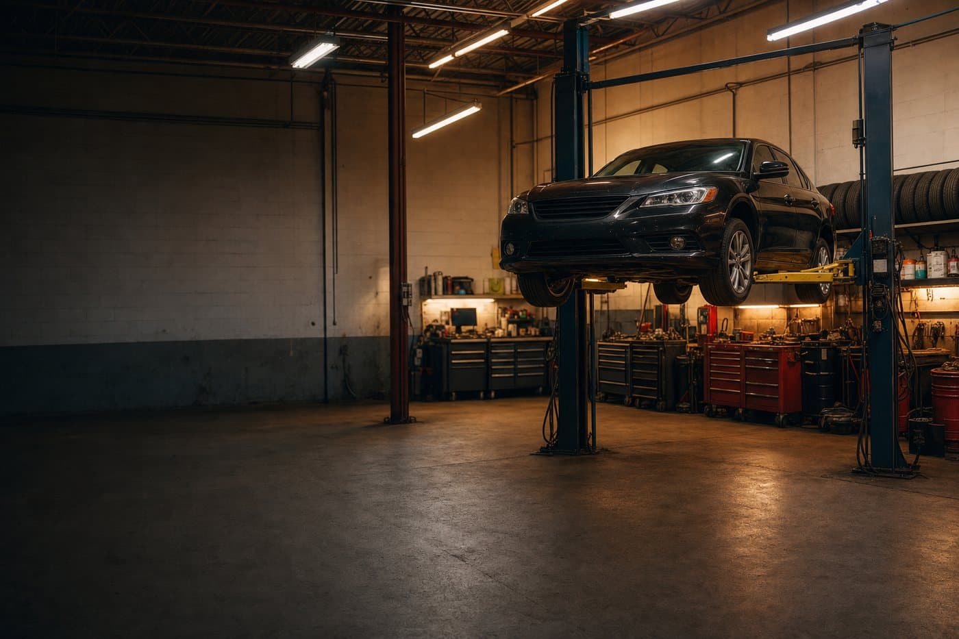 Sedan on the lift in a warm, clean service bay