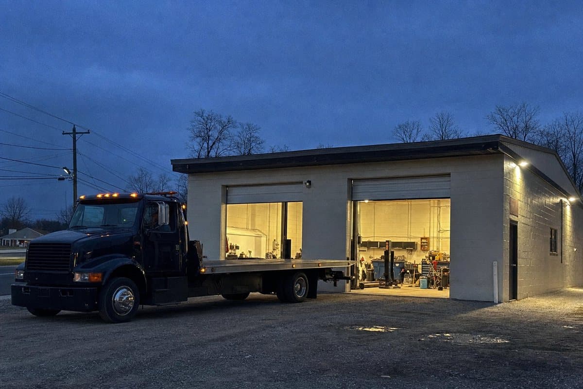 The shop at dusk with the bay doors glowing
