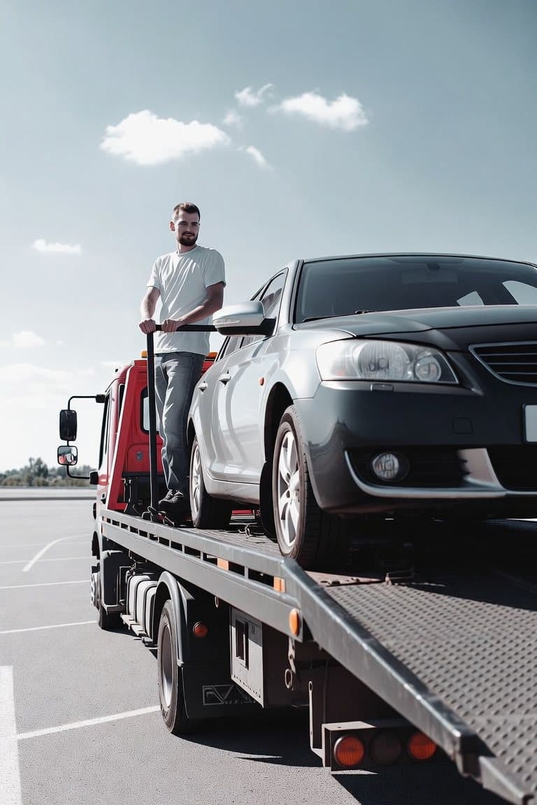 Tow operator securing a sedan on the flatbed